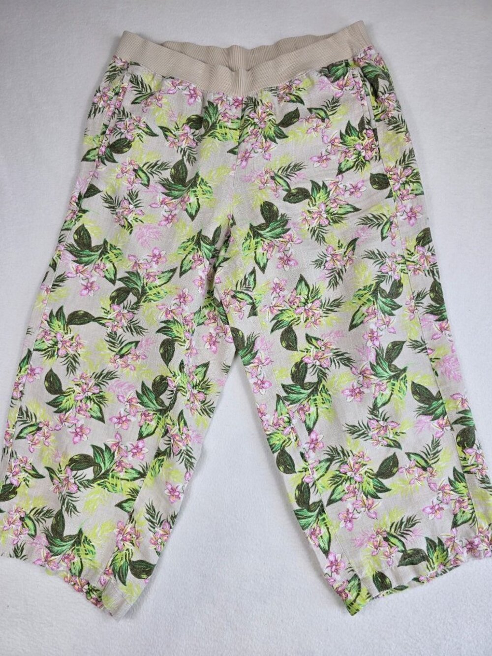 J Jill 1X Love Linen 100% Floral Print Elastic Waist Cropped Pants